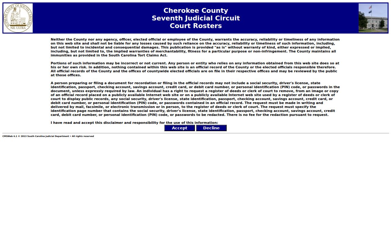 Cherokee County bench warrant records: official court-roster search interface