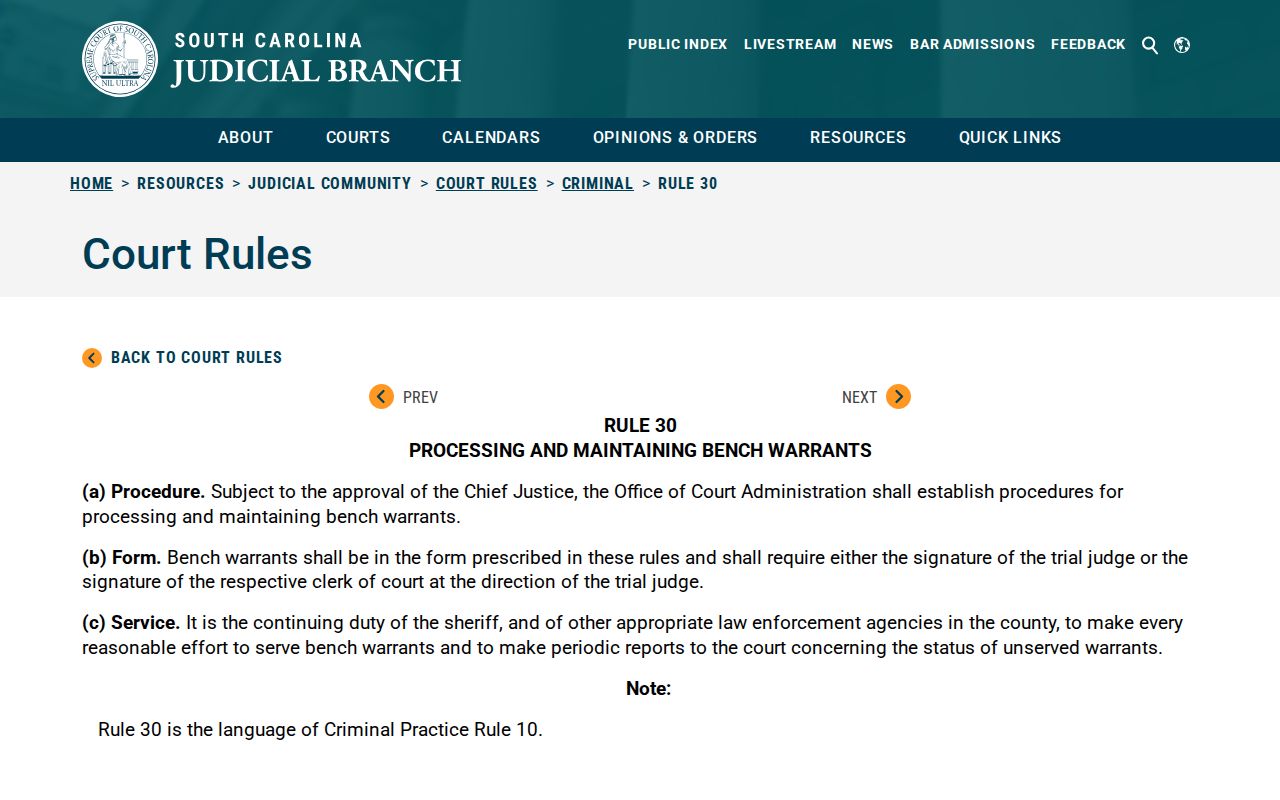 Cherokee County bench warrant records: South Carolina Rule 30 service instructions