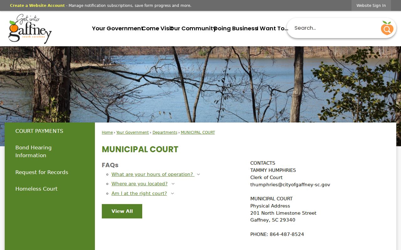 Cherokee County municipal warrant records: Gaffney Municipal Court scope, hours, and contact page