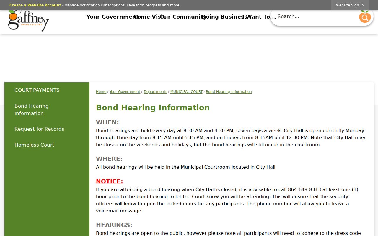 Cherokee County municipal warrant records: Gaffney Municipal Court bond hearing information