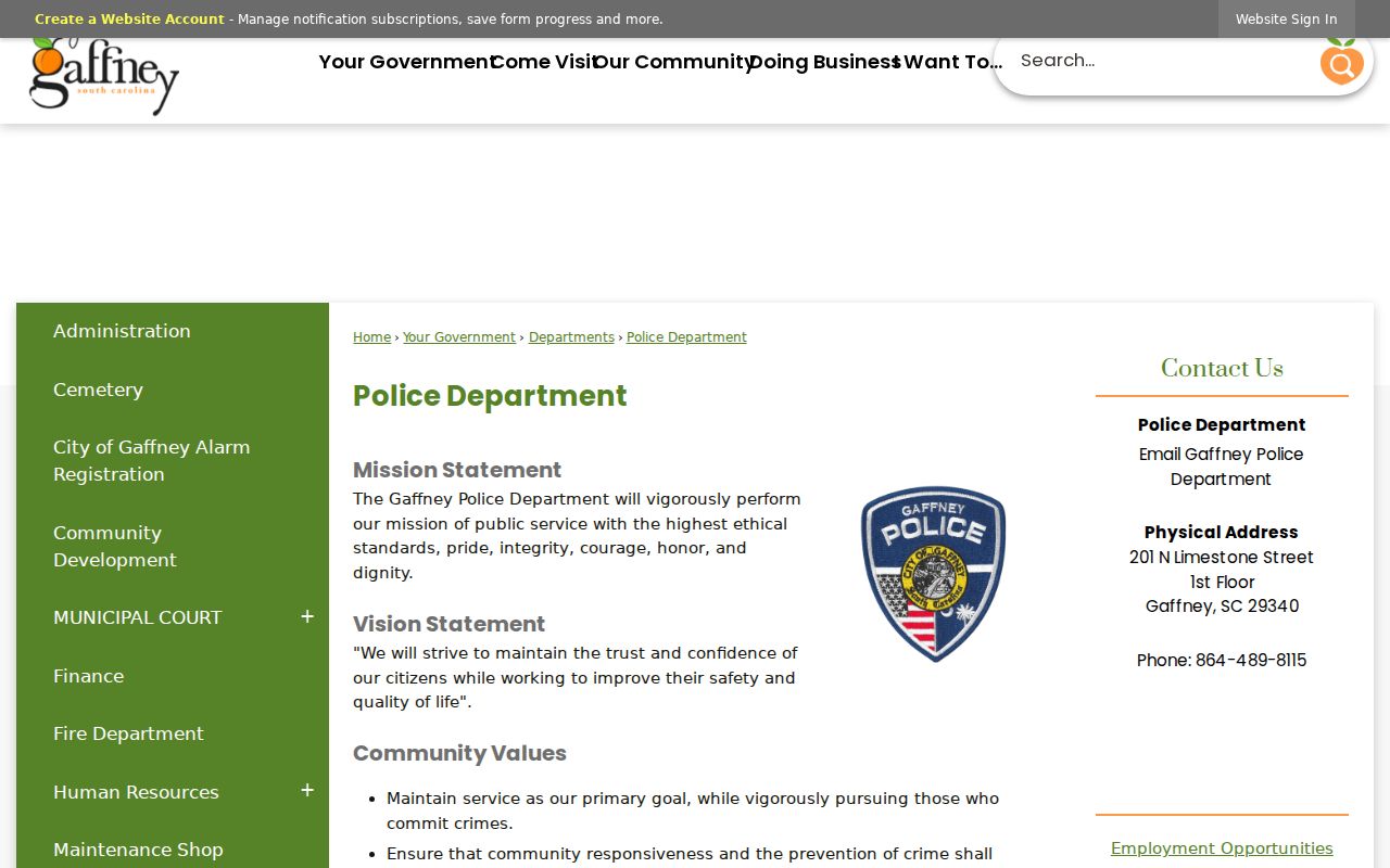 Gaffney warrant records: Gaffney Police Department public-service and contact page