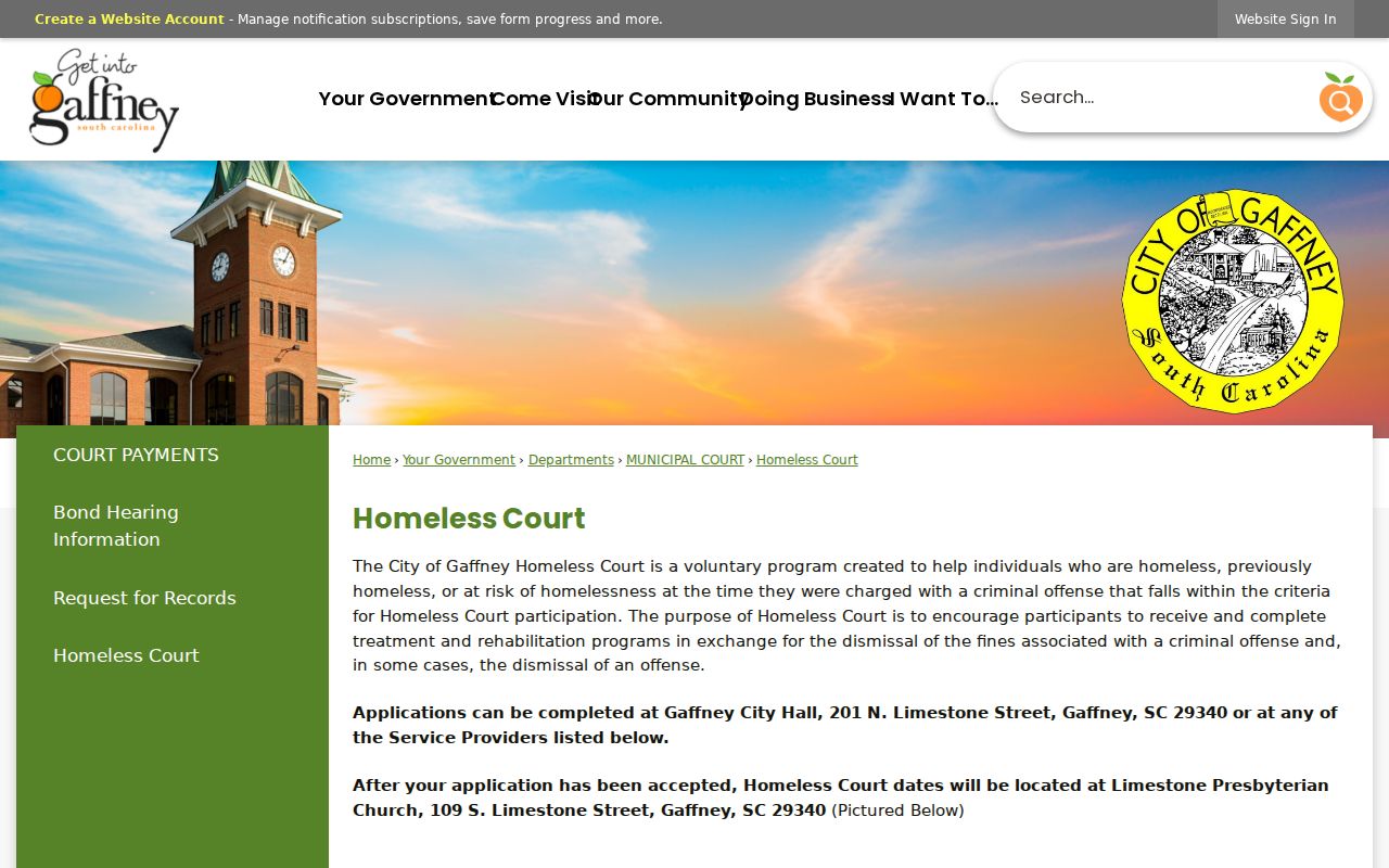 Cherokee County municipal warrant records: Gaffney Homeless Court eligibility and program information